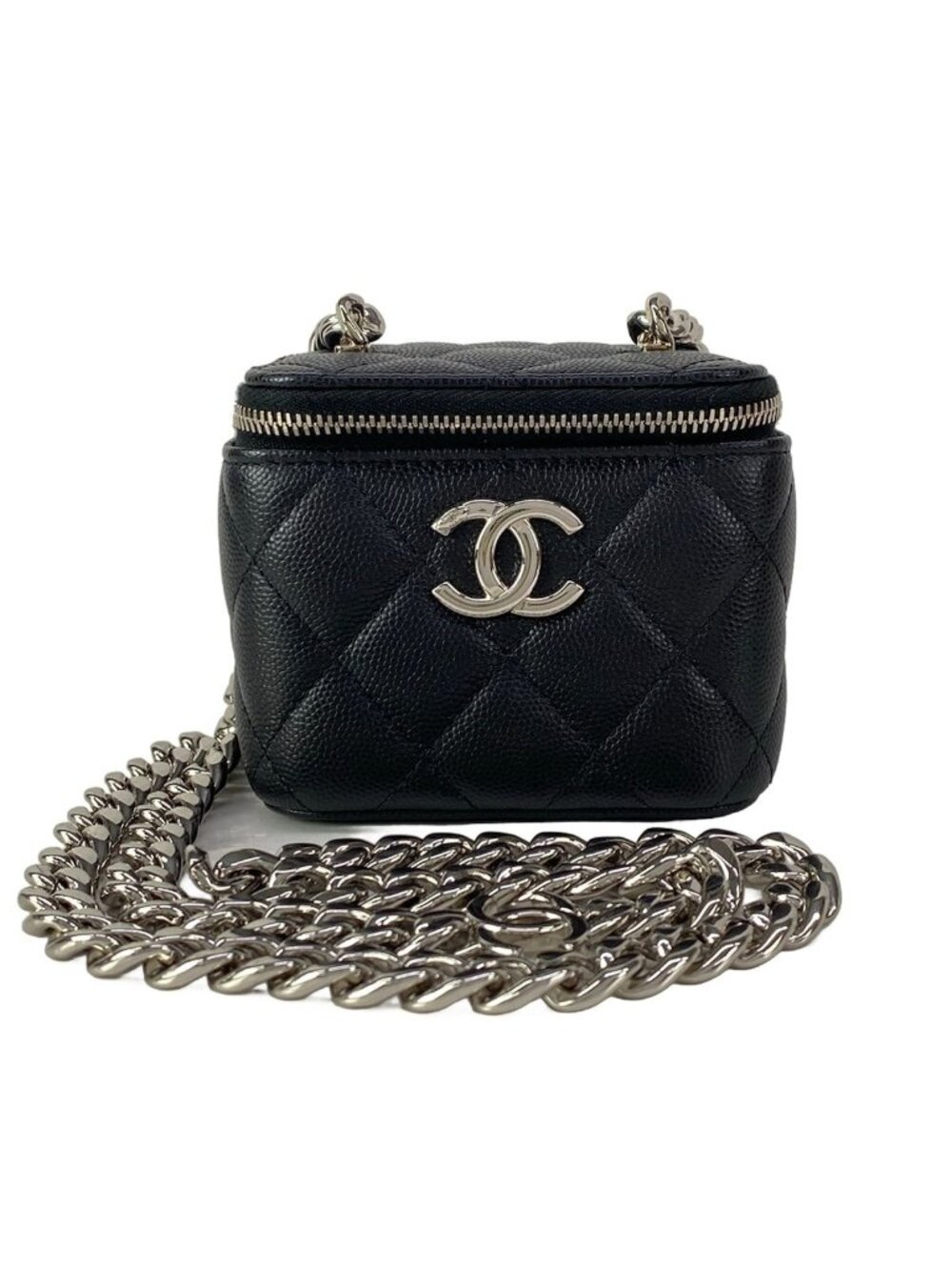 Chanel Vanity Quilted Black Chain Shoulder Silver Mini Bag